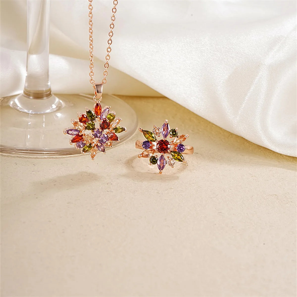 Casual Simple Style Classic Style Flower Copper Plating Inlay Zircon Rose Gold Plated Rings Necklace