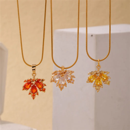 Casual Simple Style Classic Style Maple Leaf Stainless Steel Copper Plating Inlay Zircon Gold Plated Pendant Necklace