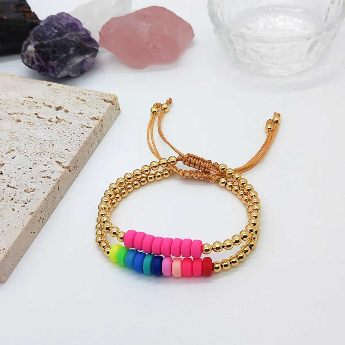 Casual Simple Style Colorful Soft Clay Copper Beaded Knitting Plating 18k Gold Plated Women's Bracelets