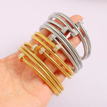 Casual Simple Style Commute Circle Round 304 Stainless Steel 18K Gold Plated Rhinestones Bangle In Bulk