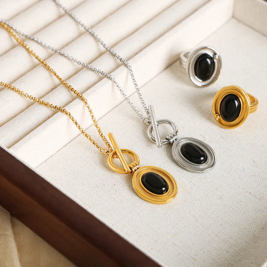 Casual Simple Style Commute Oval Titanium Steel Plating Inlay Agate 18k Gold Plated Jewelry Set