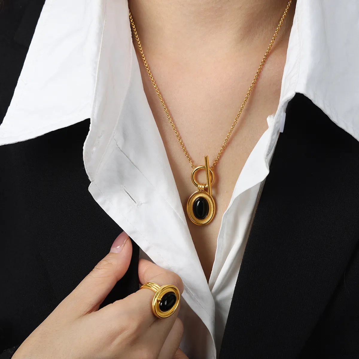 Casual Simple Style Commute Oval Titanium Steel Plating Inlay Agate 18k Gold Plated Jewelry Set