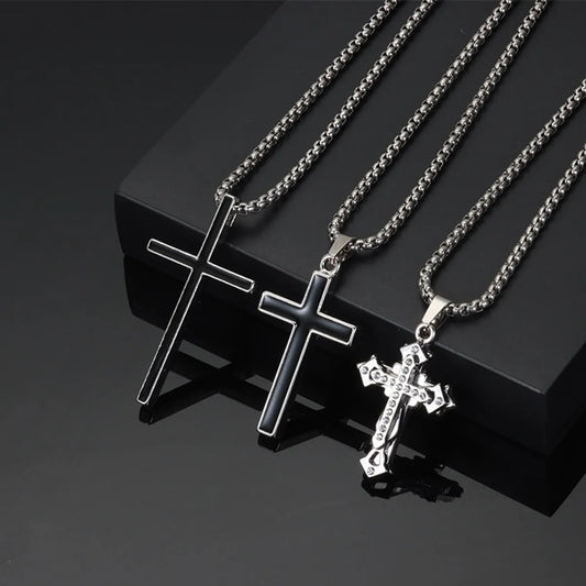 Casual Simple Style Cross Alloy Titanium Steel Enamel Inlay Rhinestones Unisex Pendant Necklace