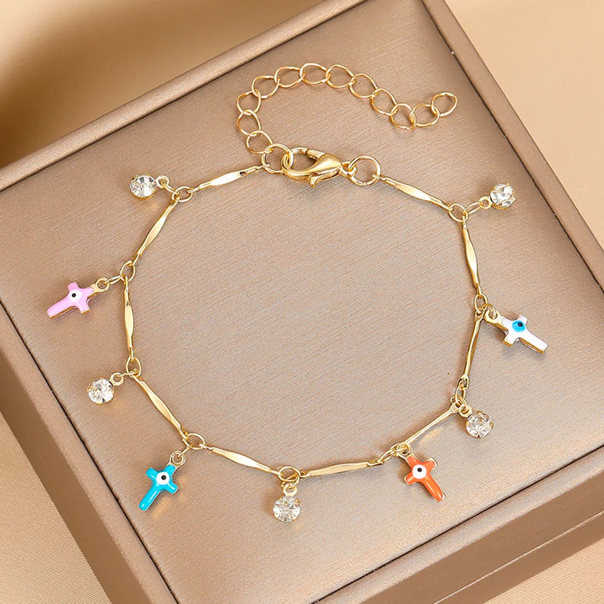 Casual Simple Style Cross Eye Flower Copper Gold Plated Rhinestones Wristband Bracelets In Bulk