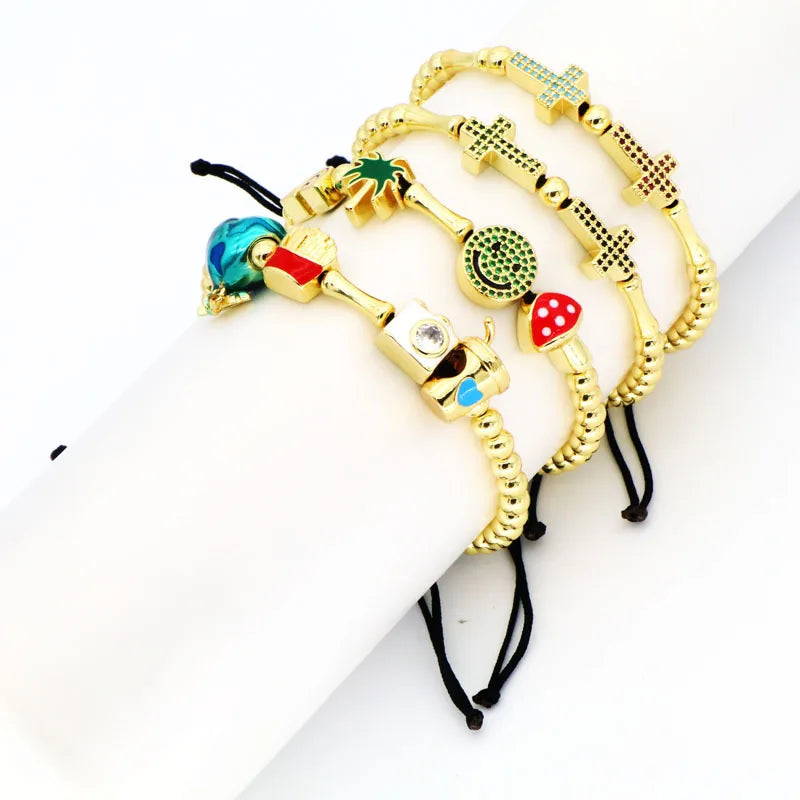 Casual Simple Style Cross Heart Shape Mushroom 18K Gold Plated Zircon Rope Copper Wholesale Bracelets