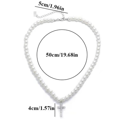 Casual Simple Style Cross Imitation Pearl Alloy Beaded Plating Inlay Rhinestones Men'S Pendant Necklace Long Necklace