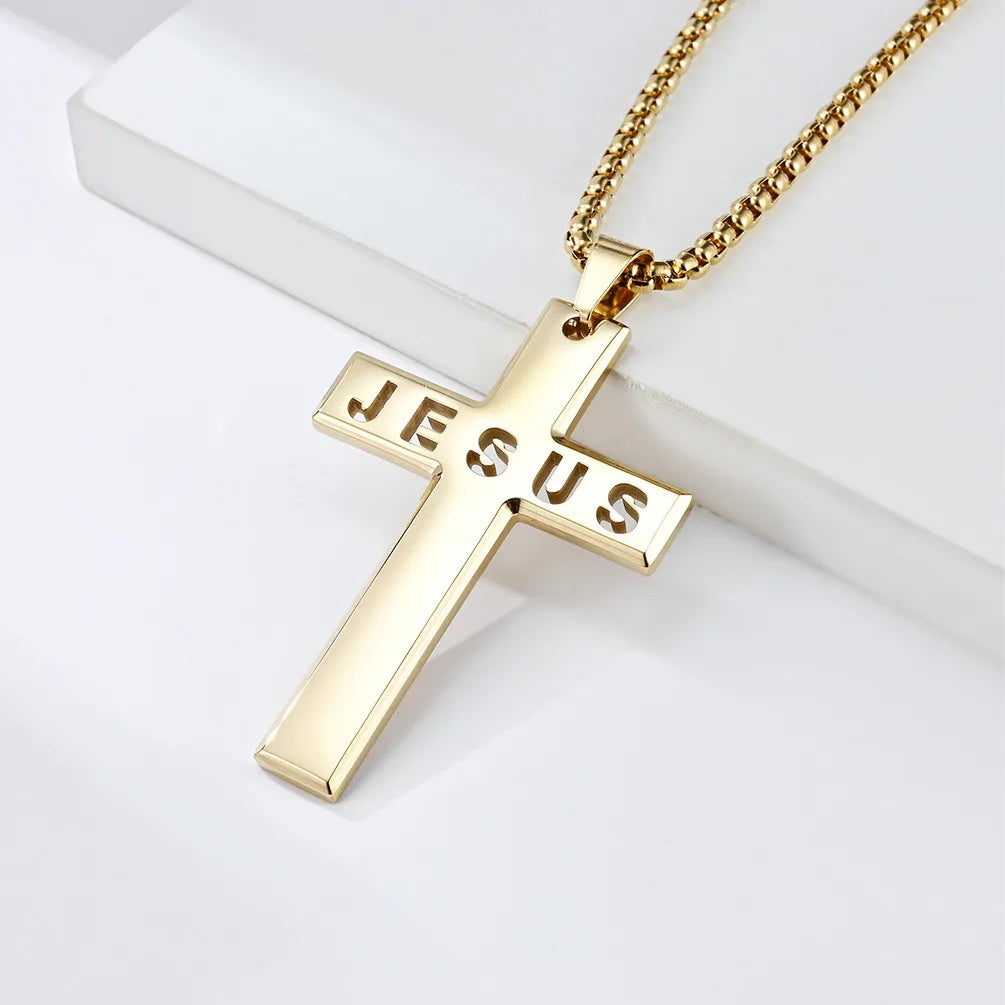 Casual Simple Style Cross Letter 304 Stainless Steel Hollow Out 18K Gold Plated Unisex Pendant Necklace