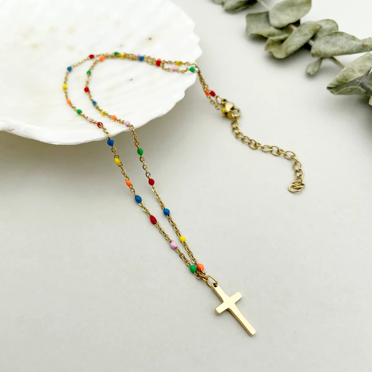 Casual Simple Style Cross Stainless Steel Metal Enamel Plating Women's Long Necklace