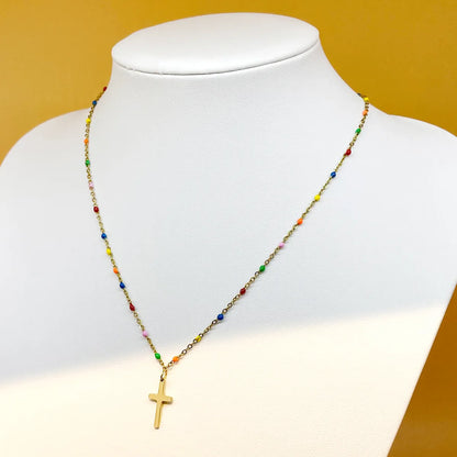 Casual Simple Style Cross Stainless Steel Metal Enamel Plating Women's Long Necklace