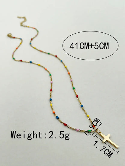 Casual Simple Style Cross Stainless Steel Metal Enamel Plating Women's Long Necklace