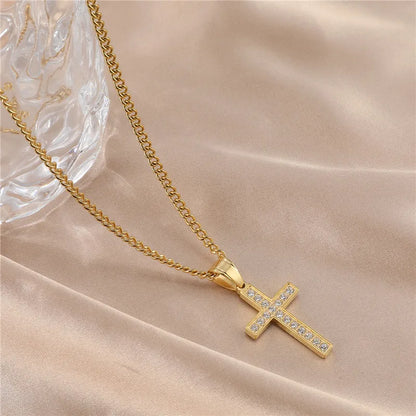 Casual Simple Style Cross Stainless Steel Plating Inlay Zircon Gold Plated Men'S Pendant Necklace