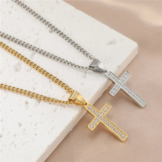 Casual Simple Style Cross Stainless Steel Plating Inlay Zircon Gold Plated Men'S Pendant Necklace