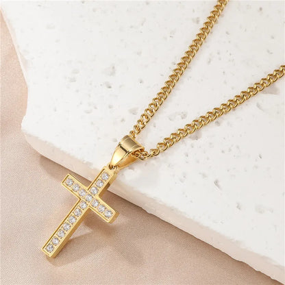 Casual Simple Style Cross Stainless Steel Plating Inlay Zircon Gold Plated Men'S Pendant Necklace