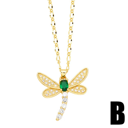 Casual Simple Style Dragonfly Stainless Steel Copper Plating Inlay Zircon 18k Gold Plated Pendant Necklace Long Necklace