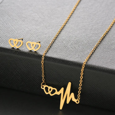 Casual Simple Style Electrocardiogram Heart Shape Stainless Steel Plating Hollow Out Jewelry Set