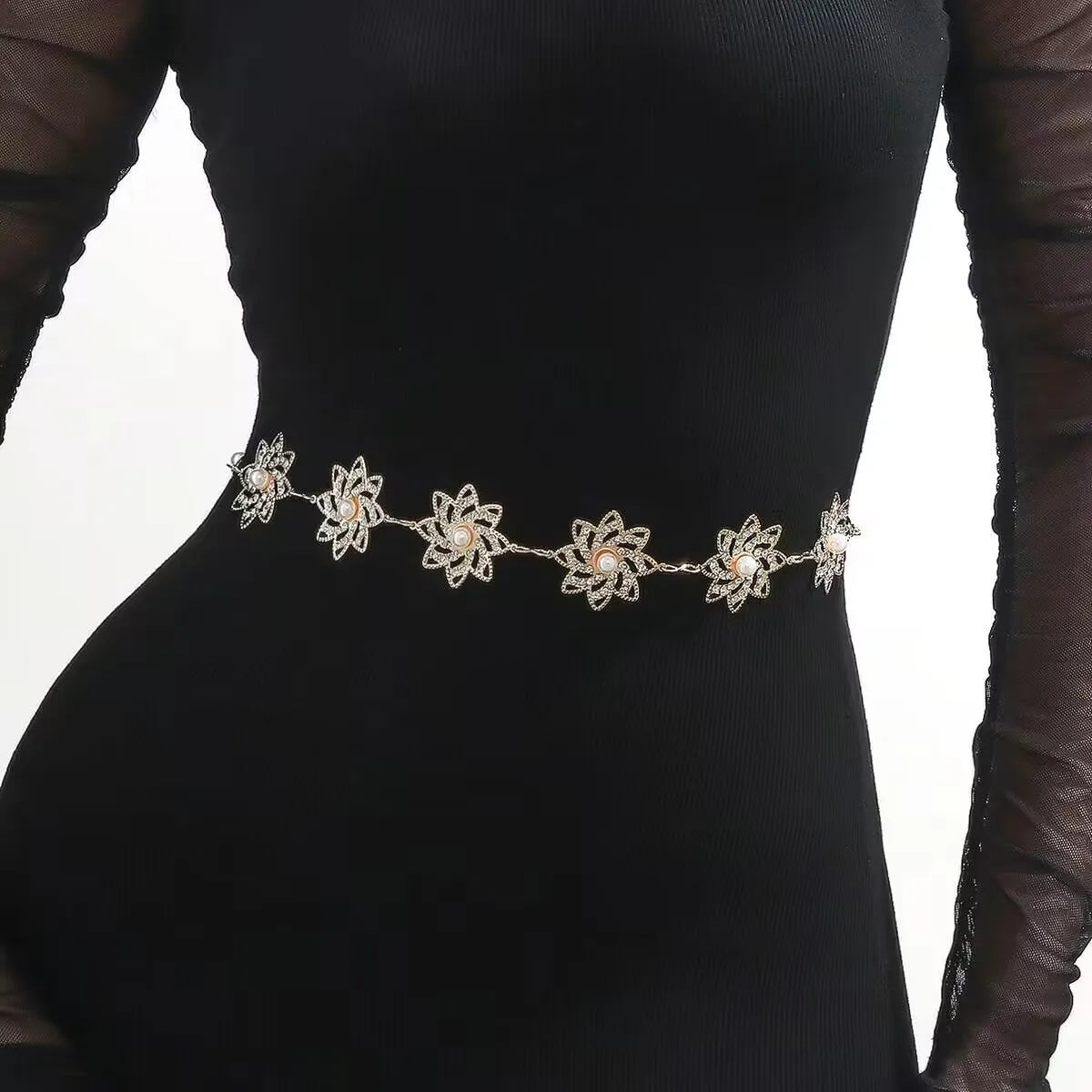 Casual Simple Style Flower Alloy Inlay Rhinestones Pearl Women'S Chain Belts