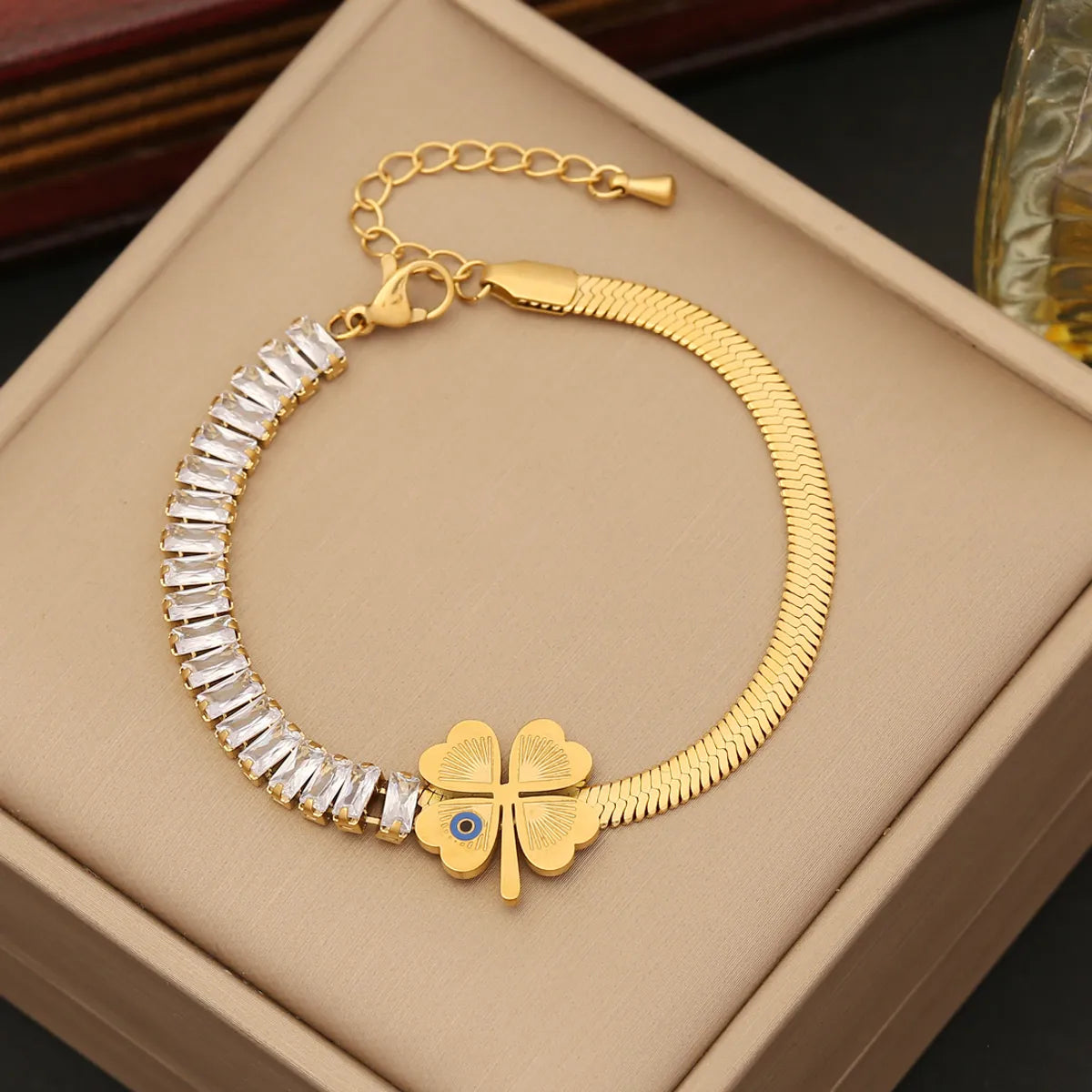 Casual Simple Style Four Leaf Clover Devil's Eye Butterfly Stainless Steel Plating Inlay Zircon Bracelets