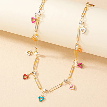 Casual Simple Style Heart Shape Alloy Enamel Plating Inlay Rhinestones Women'S Necklace