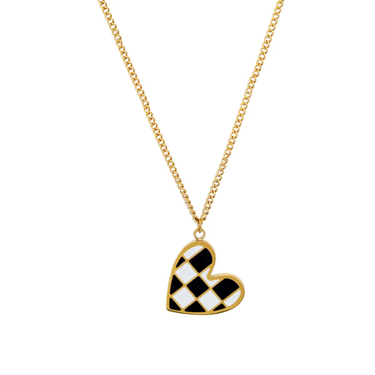 Casual Simple Style Heart Shape Checkered Titanium Steel Enamel Plating 18k Gold Plated Pendant Necklace