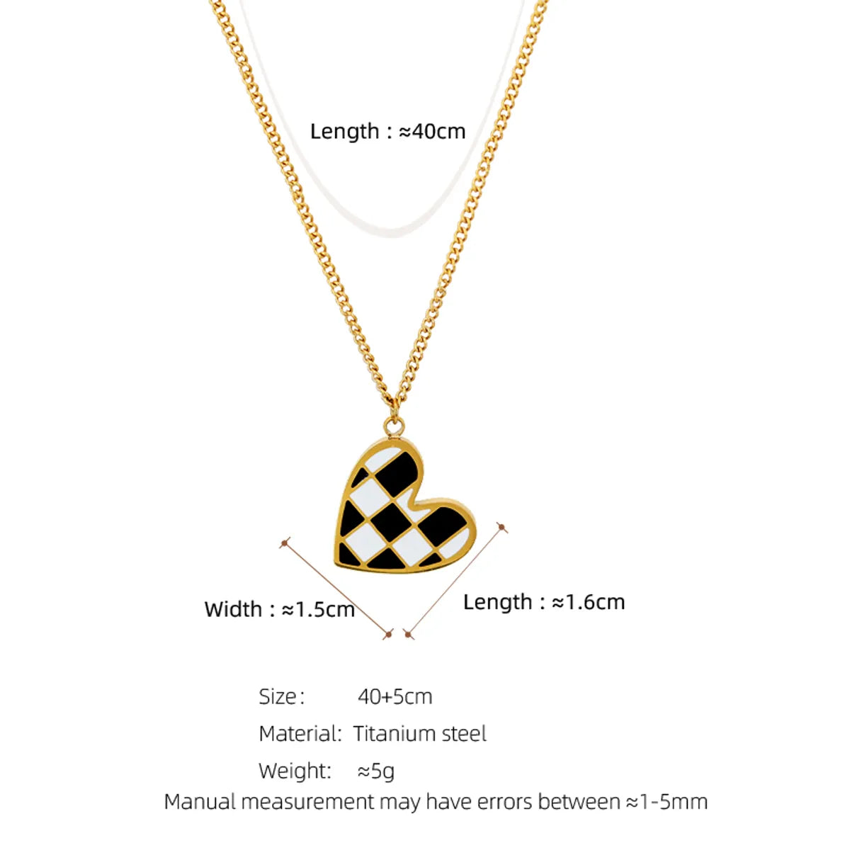 Casual Simple Style Heart Shape Checkered Titanium Steel Enamel Plating 18k Gold Plated Pendant Necklace