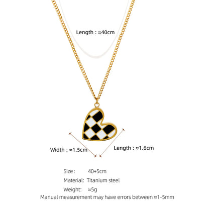 Casual Simple Style Heart Shape Checkered Titanium Steel Enamel Plating 18k Gold Plated Pendant Necklace