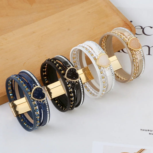 Casual Simple Style Heart Shape Pu Leather Alloy Inlay Rhinestones Women's Wristband