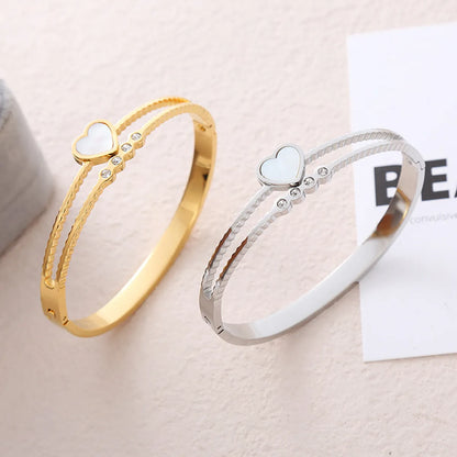 Casual Simple Style Heart Shape Stainless Steel Plating Inlay Rhinestones Shell Bangle