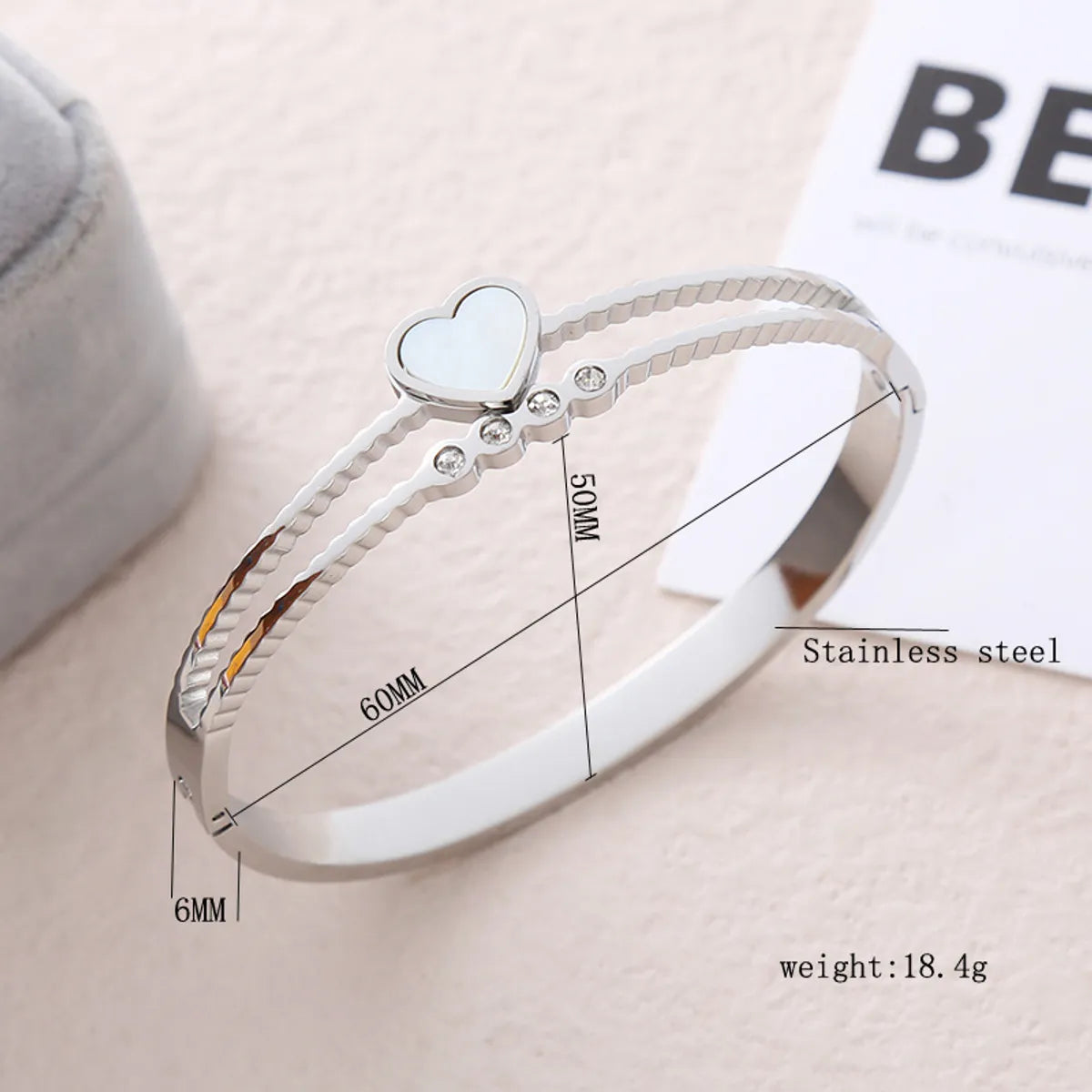 Casual Simple Style Heart Shape Stainless Steel Plating Inlay Rhinestones Shell Bangle