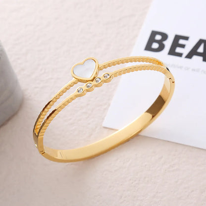 Casual Simple Style Heart Shape Stainless Steel Plating Inlay Rhinestones Shell Bangle