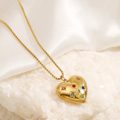 Casual Simple Style Heart Shape Stainless Steel Plating Inlay Zircon 18k Gold Plated Pendant Necklace Long Necklace