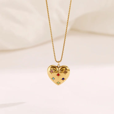 Casual Simple Style Heart Shape Stainless Steel Plating Inlay Zircon 18k Gold Plated Pendant Necklace Long Necklace