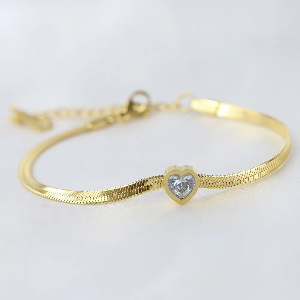 Casual Simple Style Heart Shape 304 Stainless Steel Titanium Steel 18K Gold Plated Artificial Rhinestones Bracelets In Bulk