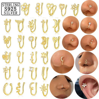 1 Piece Nose Rings & Studs Casual Simple Style Leaf Flower Fish Tail Sterling Silver Inlay Zircon White Gold Plated Gold Plated