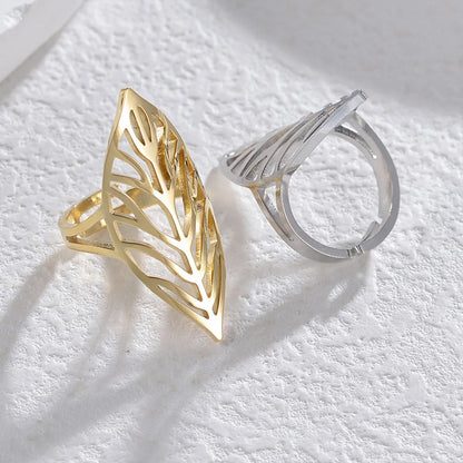 Casual Simple Style Leaves Stainless Steel Plating Hollow Out 14k Gold Plated Open Rings