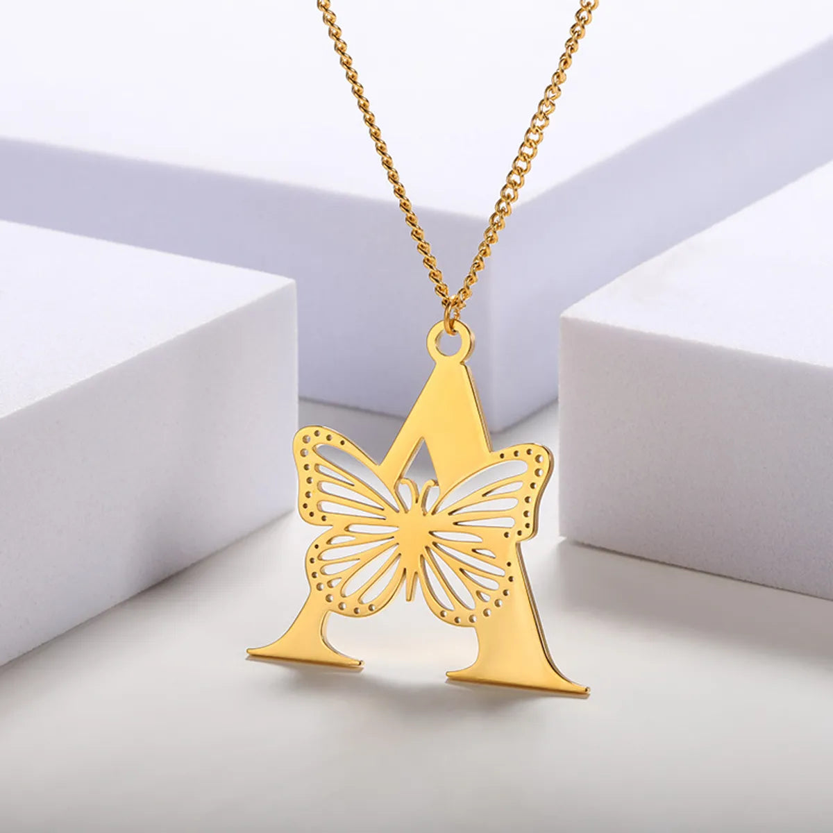 Casual Simple Style Letter Butterfly Stainless Steel Plating Hollow Out 18k Gold Plated Pendant Necklace