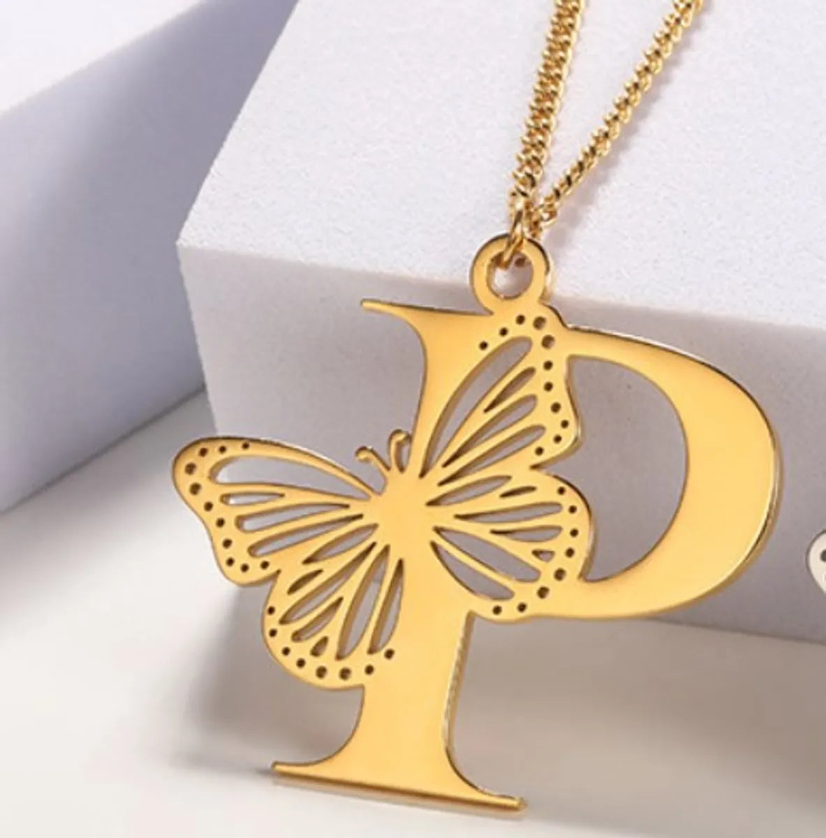 Casual Simple Style Letter Butterfly Stainless Steel Plating Hollow Out 18k Gold Plated Pendant Necklace