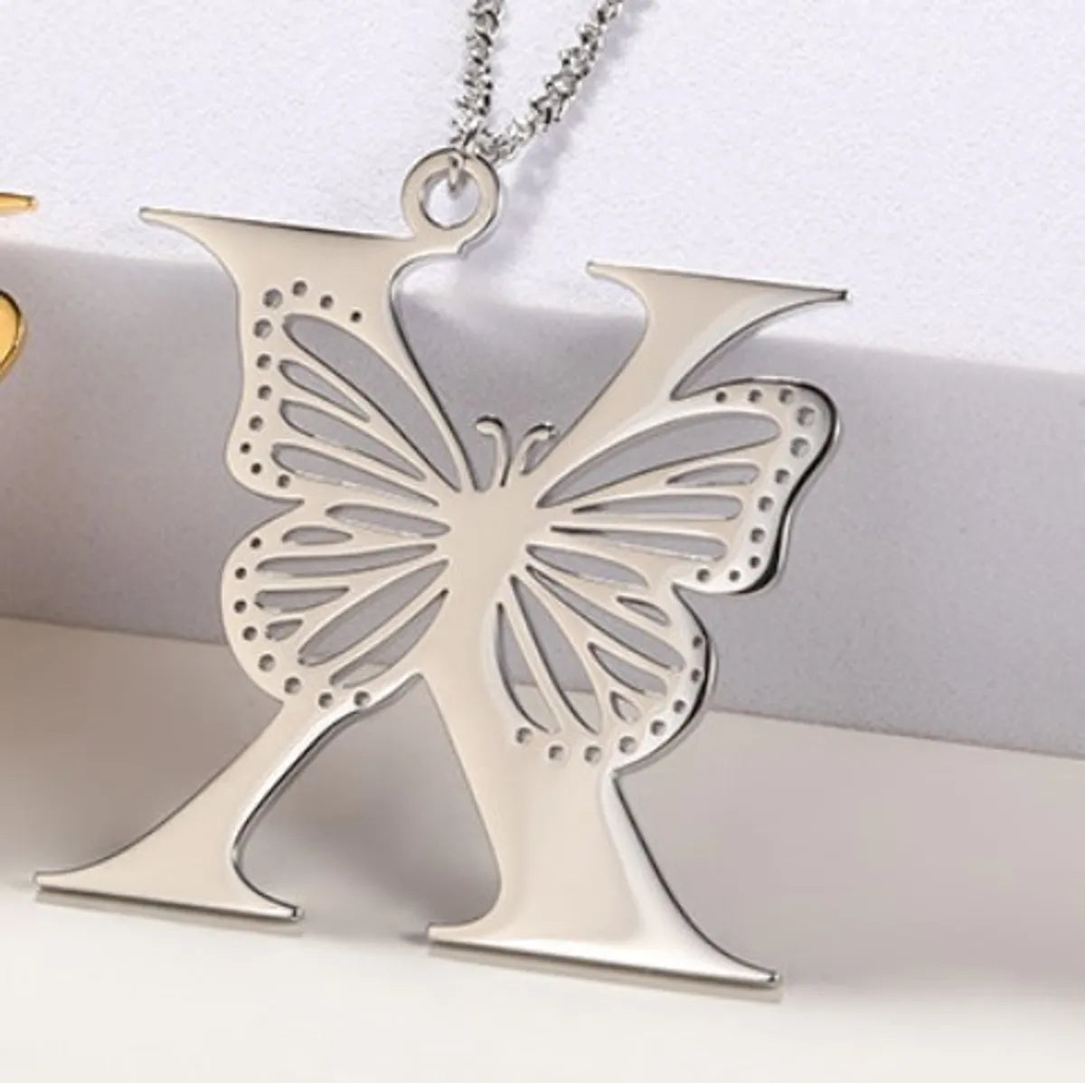 Casual Simple Style Letter Butterfly Stainless Steel Plating Hollow Out 18k Gold Plated Pendant Necklace