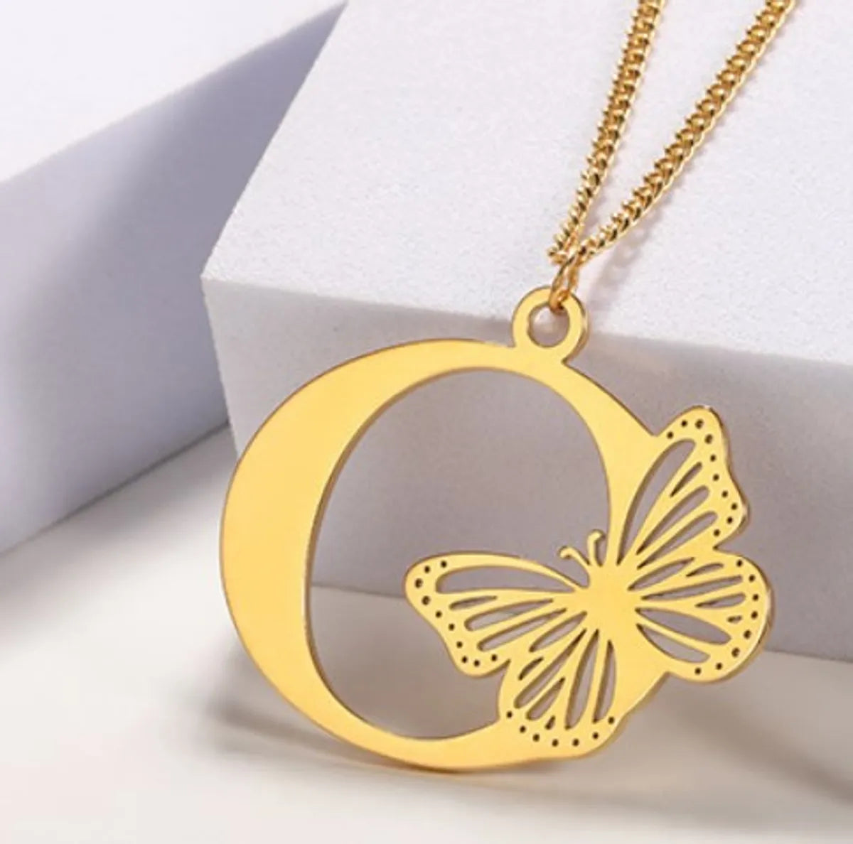 Casual Simple Style Letter Butterfly Stainless Steel Plating Hollow Out 18k Gold Plated Pendant Necklace