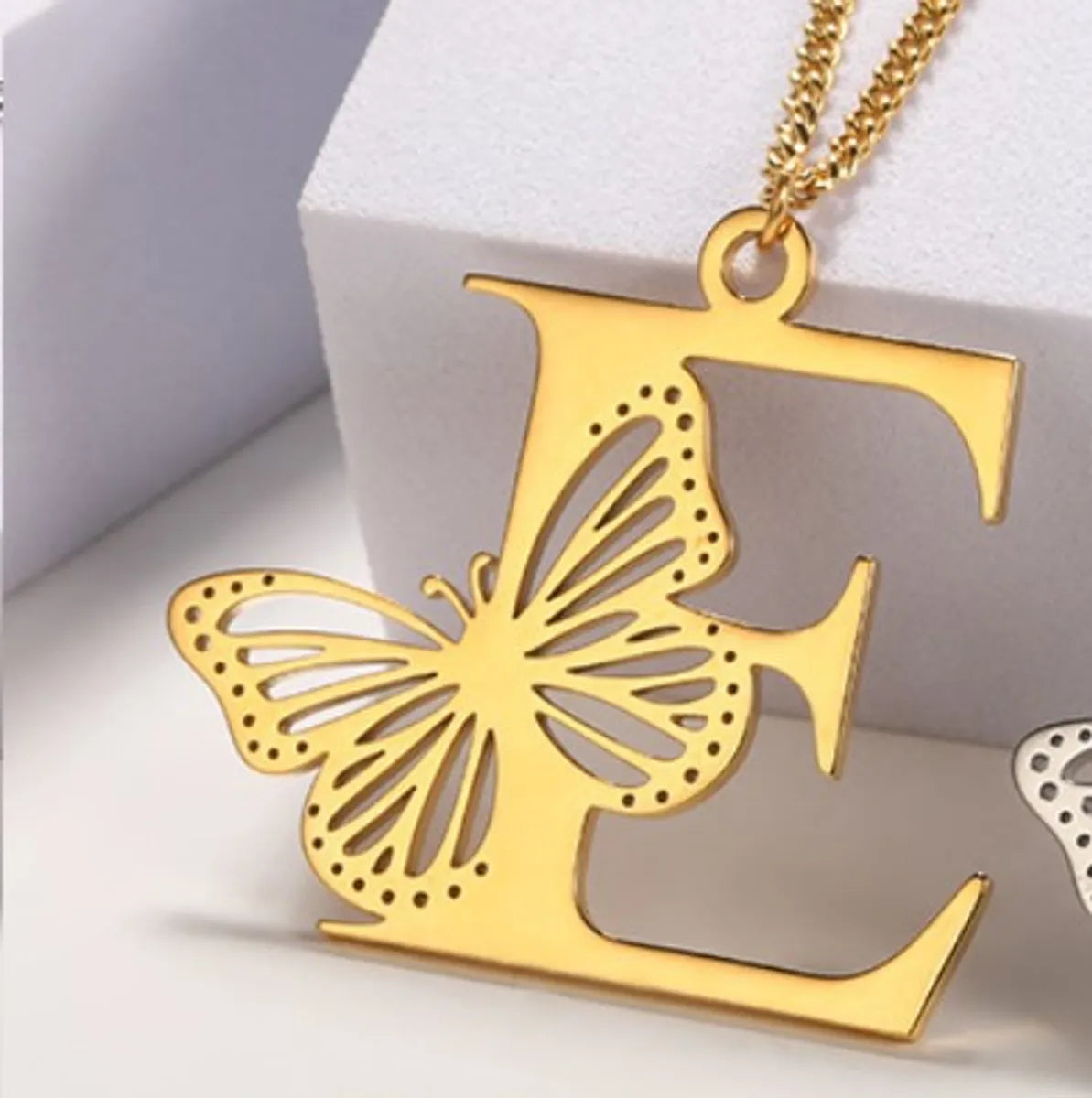 Casual Simple Style Letter Butterfly Stainless Steel Plating Hollow Out 18k Gold Plated Pendant Necklace