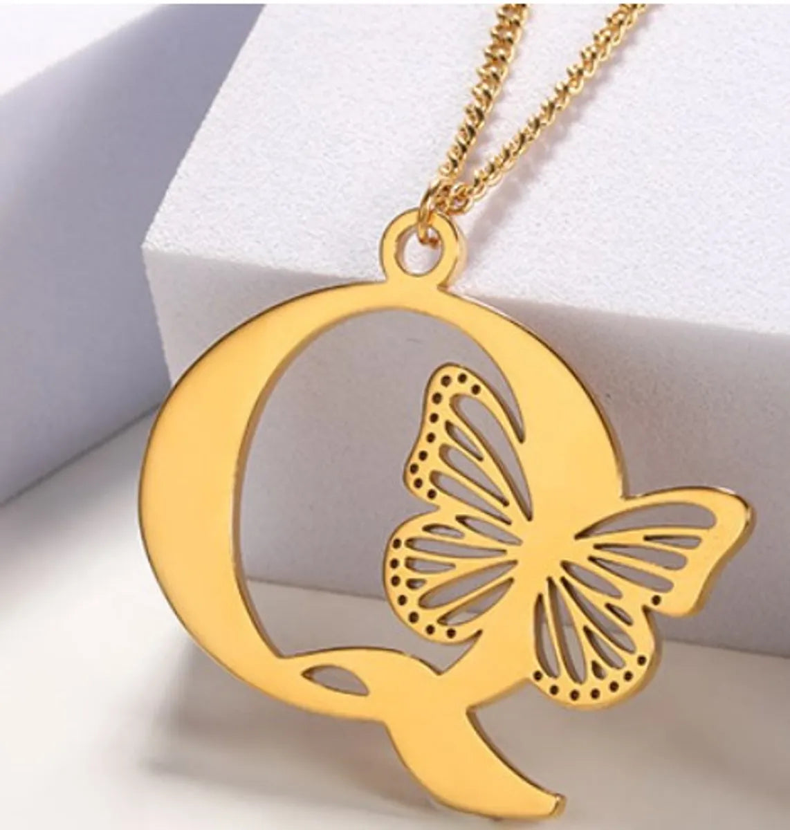 Casual Simple Style Letter Butterfly Stainless Steel Plating Hollow Out 18k Gold Plated Pendant Necklace