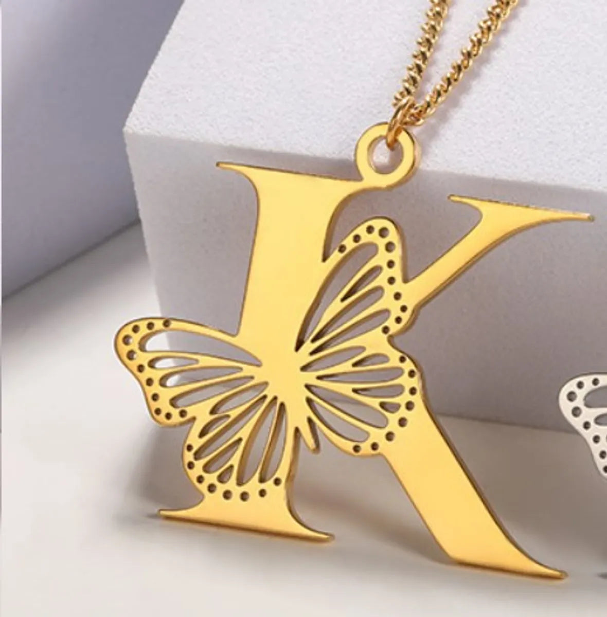 Casual Simple Style Letter Butterfly Stainless Steel Plating Hollow Out 18k Gold Plated Pendant Necklace