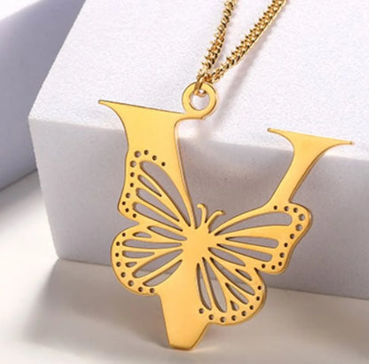 Casual Simple Style Letter Butterfly Stainless Steel Plating Hollow Out 18k Gold Plated Pendant Necklace