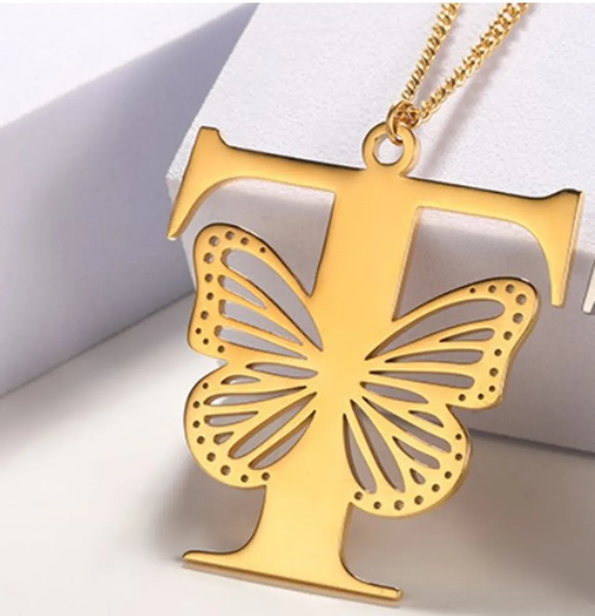 Casual Simple Style Letter Butterfly Stainless Steel Plating Hollow Out 18k Gold Plated Pendant Necklace