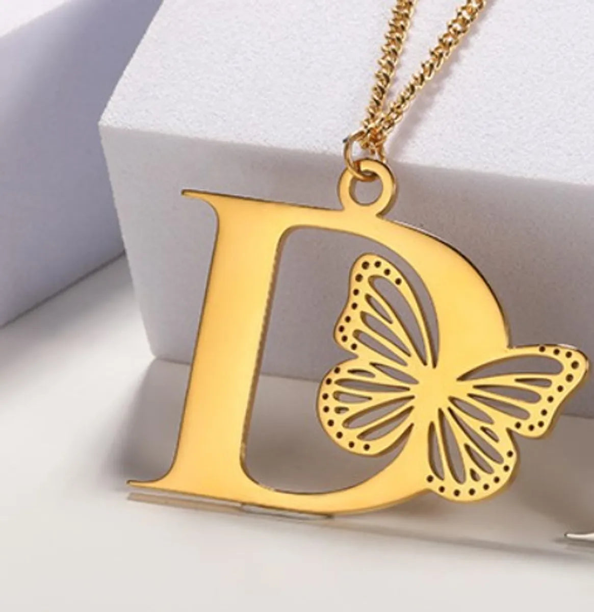 Casual Simple Style Letter Butterfly Stainless Steel Plating Hollow Out 18k Gold Plated Pendant Necklace