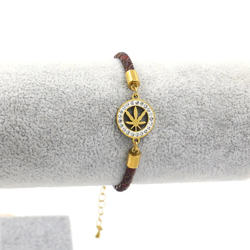 Casual Simple Style Maple Leaf Rhinestones 304 Stainless Steel Cowhide Wholesale Bracelets