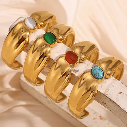 Casual Simple Style Oval 304 Stainless Steel 18K Gold Plated Turquoise Agate Bangle In Bulk