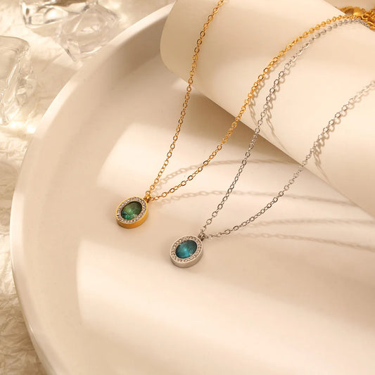 Casual Simple Style Oval Titanium Steel Inlay Gem Rhinestones Pendant Necklace