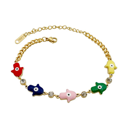 Casual Simple Style Palm Heart Shape Eye Stainless Steel Enamel Plating Inlay Zircon Gold Plated Bracelets