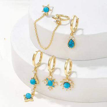 Casual Simple Style Pentagram Tassel Brass 18k Gold Plated Turquoise Zircon Earrings In Bulk