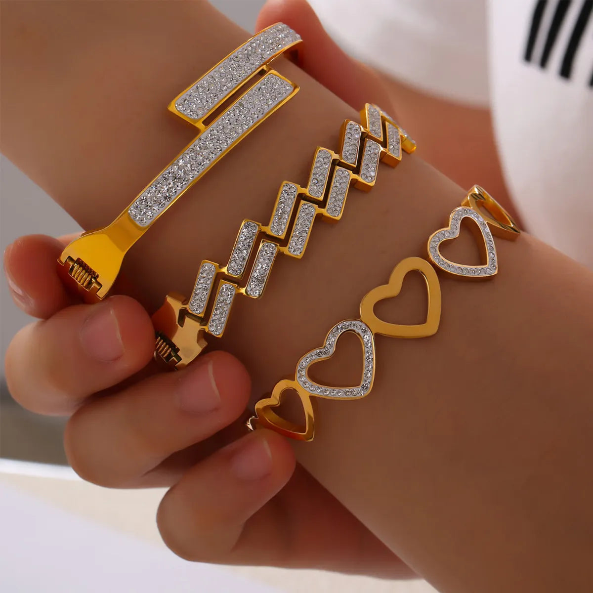 Casual Simple Style Quadrilateral Heart Shape 304 Stainless Steel 18K Gold Plated Rhinestones Bangle In Bulk